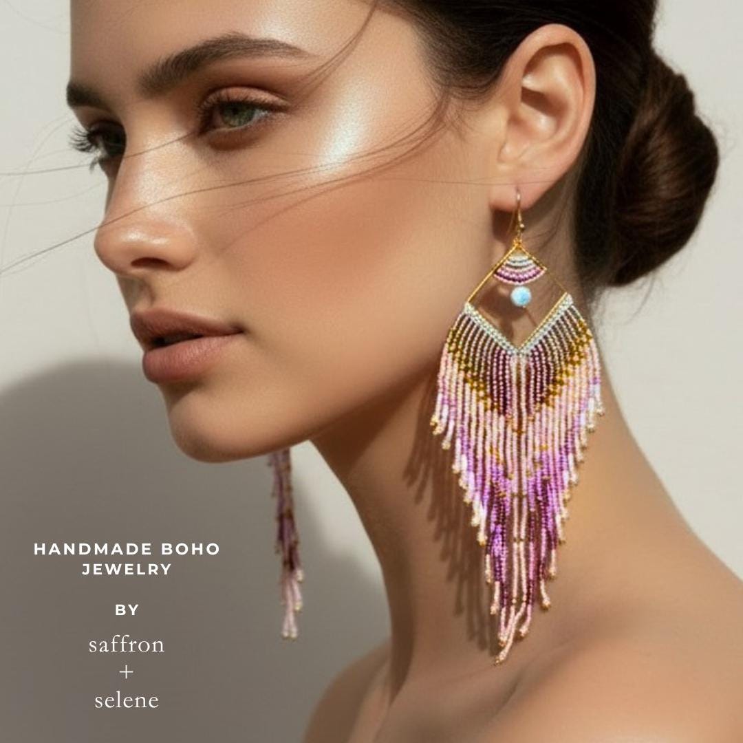 Long boho earrings with flowing fringe movement and intricate bead design
