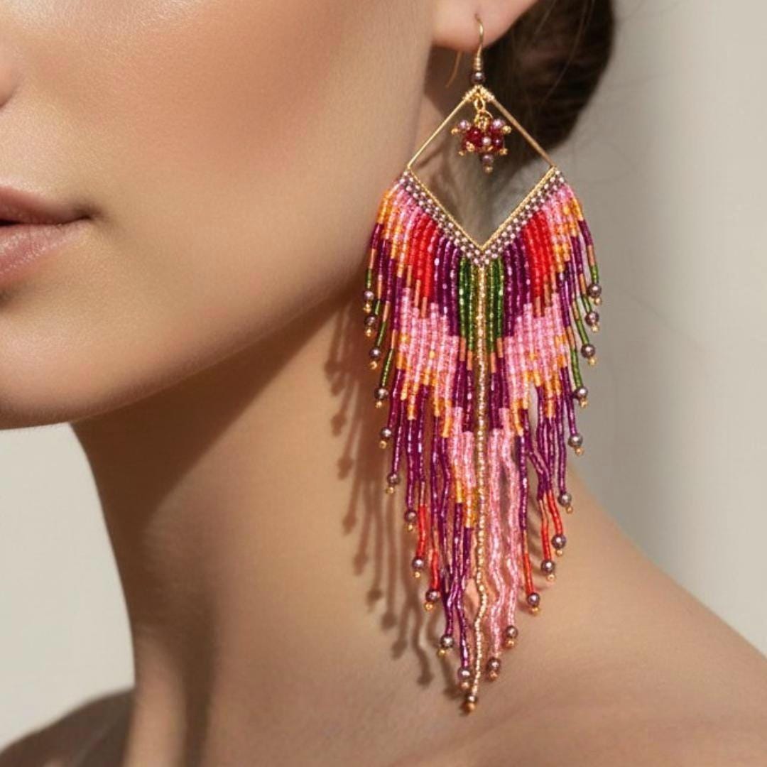 Pink fringe earrings worn by model featuring handcrafted seed bead fringe and boho statement style
