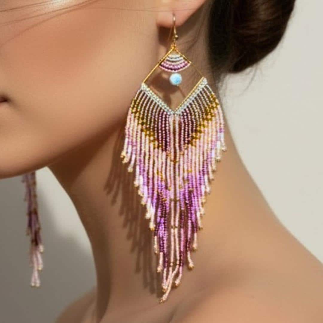 Boho statement earrings with long pink bead fringe and geometric gold frame