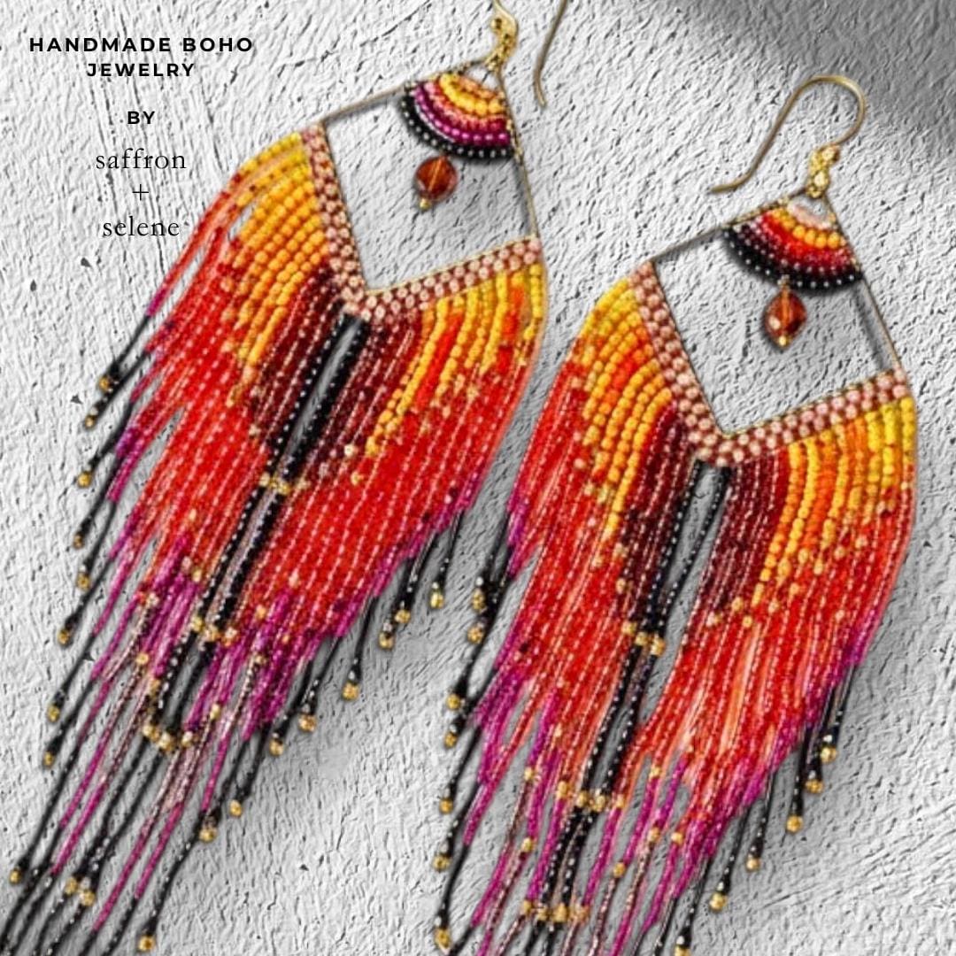Long fringe earrings handcrafted with colourful Japanese seed beads and gold geometric frame