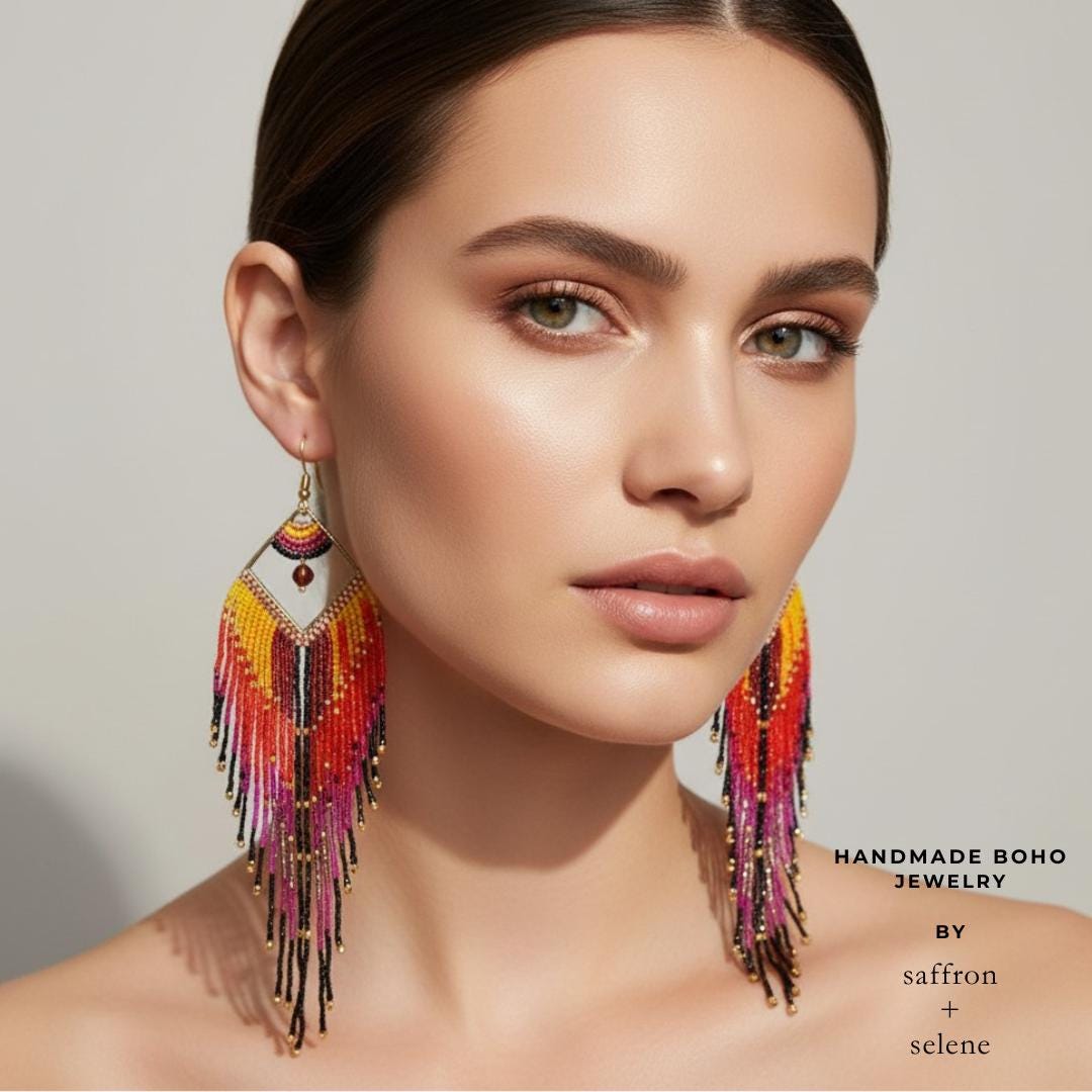 Bohemian statement earrings handmade with premium Japanese seed beads