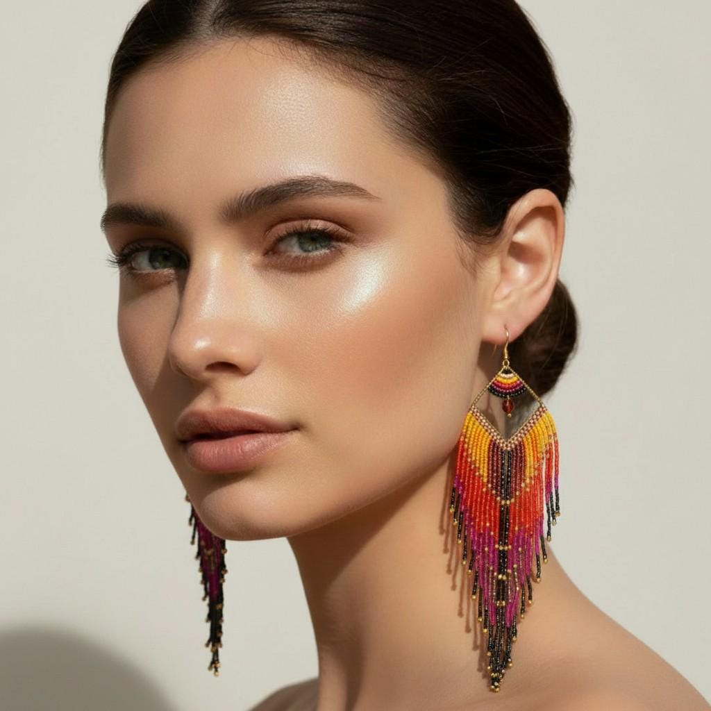 Festival jewelry featuring handcrafted seed bead fringe