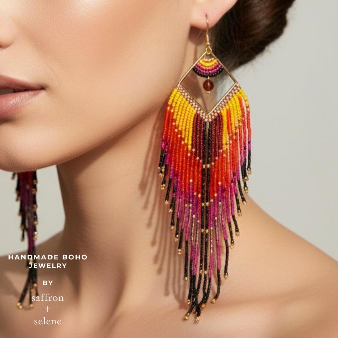 Festival statement earrings with orange coral pink yellow and black beadwork
