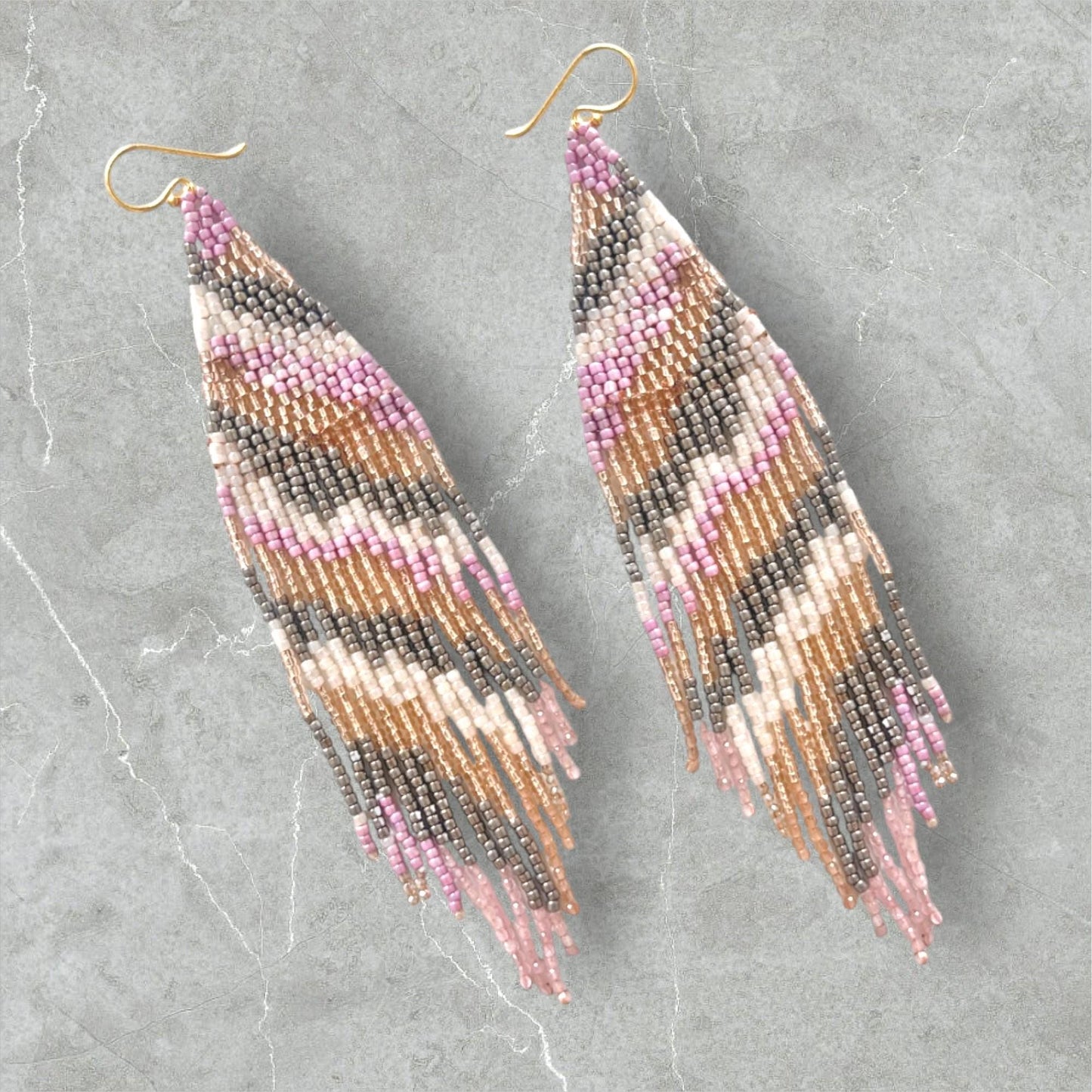 Lightweight handmade fringe earrings woven with premium Japanese seed beads in neutral pastel colours.