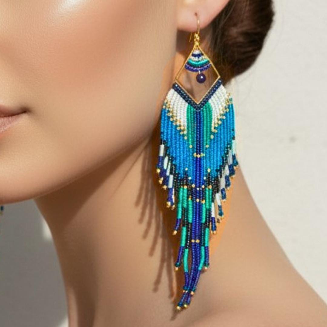 Handmade Fringe Earrings - Turquoise and lapis blue feather design boho jewelry, hand beaded by Meg at Saffron and Selene
