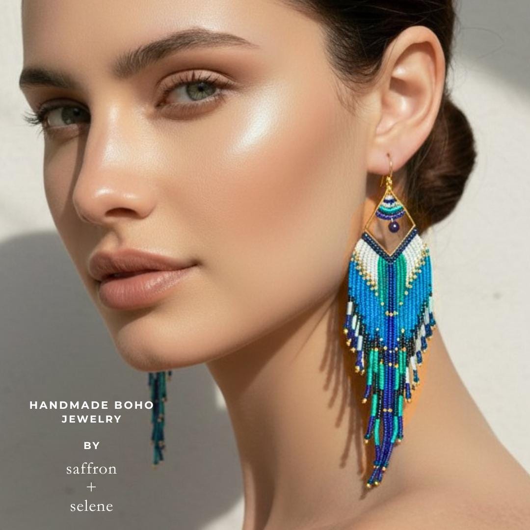 Boho Jewelry Seed Bead Earrrings - turquoise and aszure blue aztec design fringe earrings handmade by Saffron and Selene