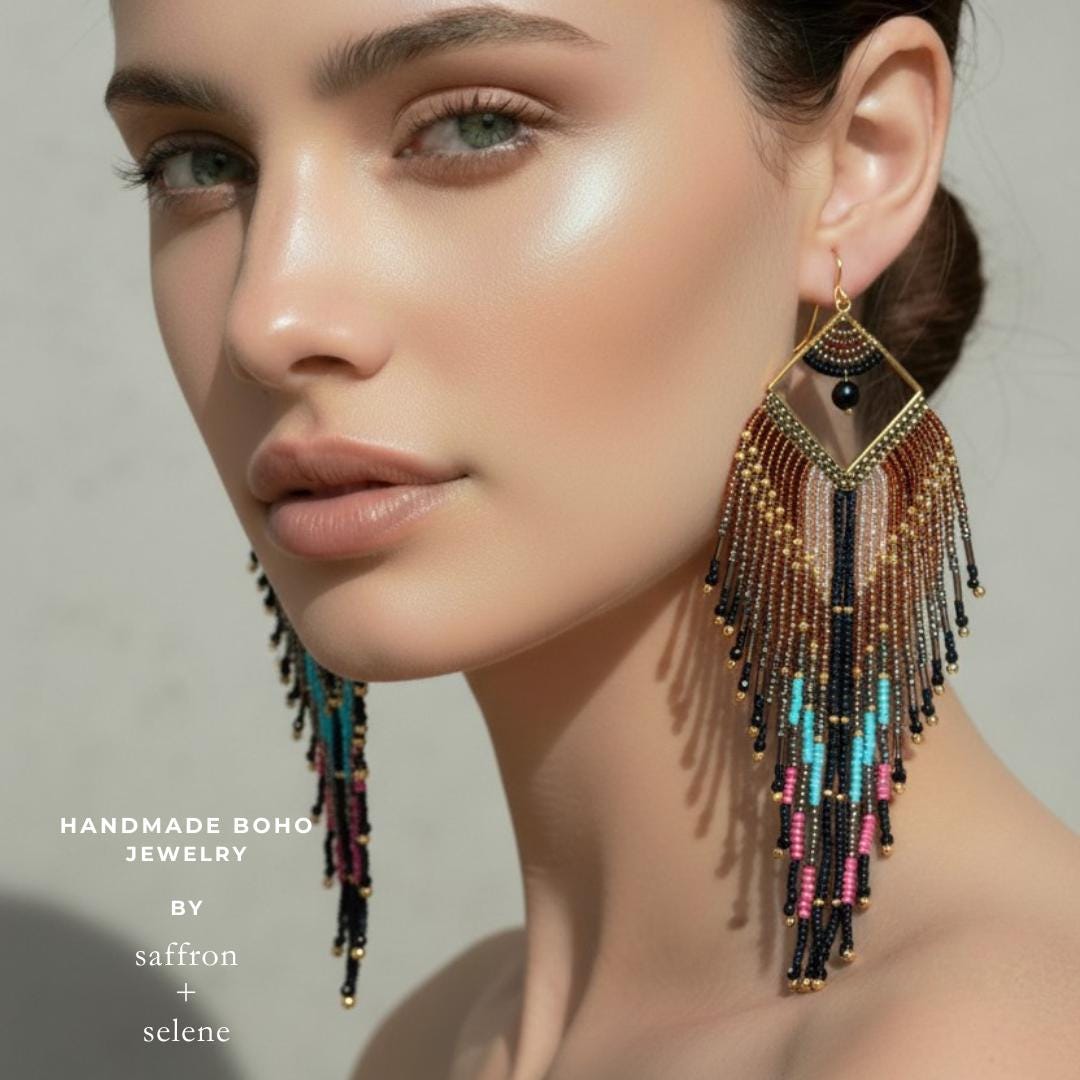 Bronze feather fringe earrings with turquoise details, perfect western glam, festival earrings Handmade by Saffron and Selene Boho Jewelry for women