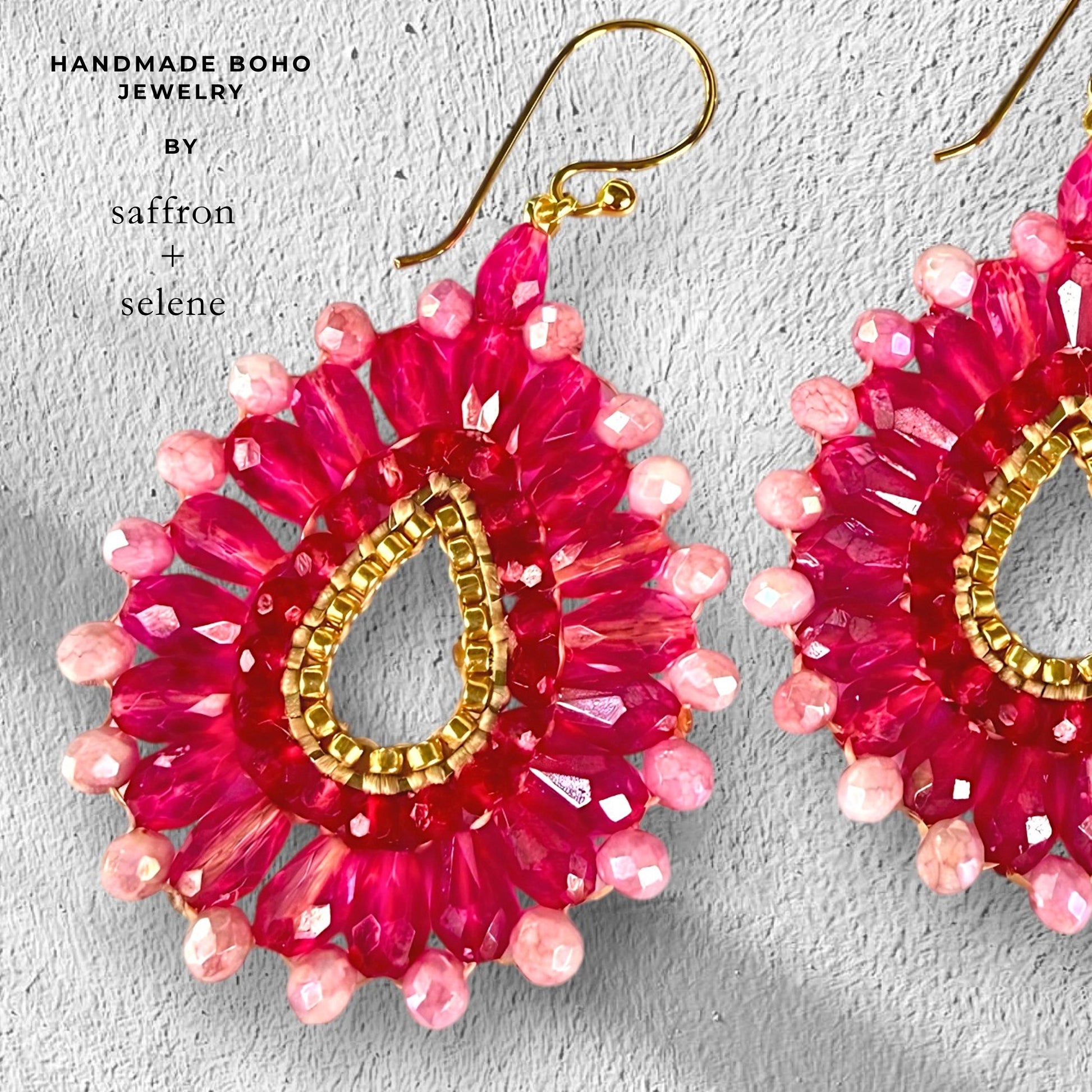 Pink Statement Earrings, Handmade Crystal Teardrop Earrings, Beaded Gold Drop Jewelry