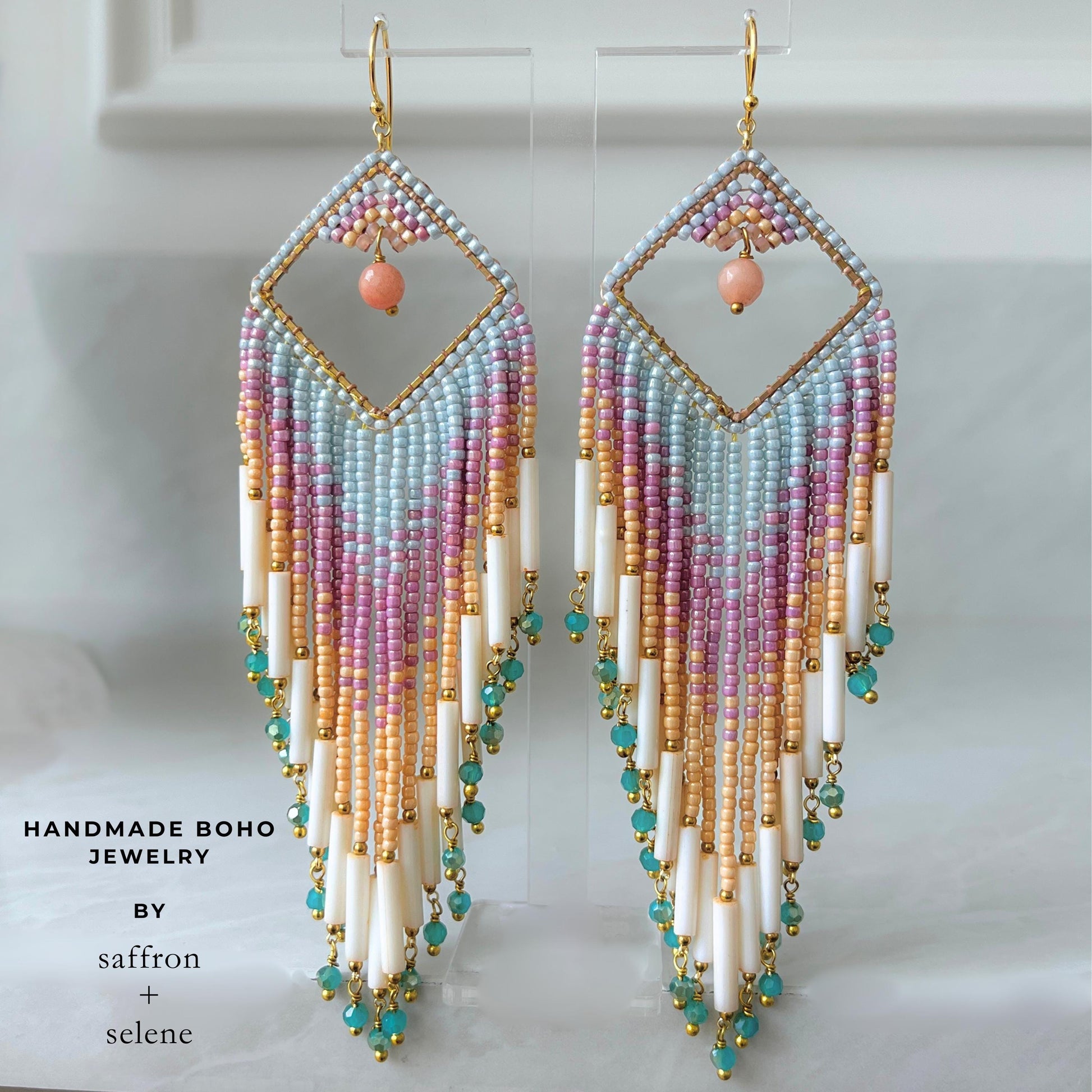 Long pastel statement earrings with turquoise crystal fringe