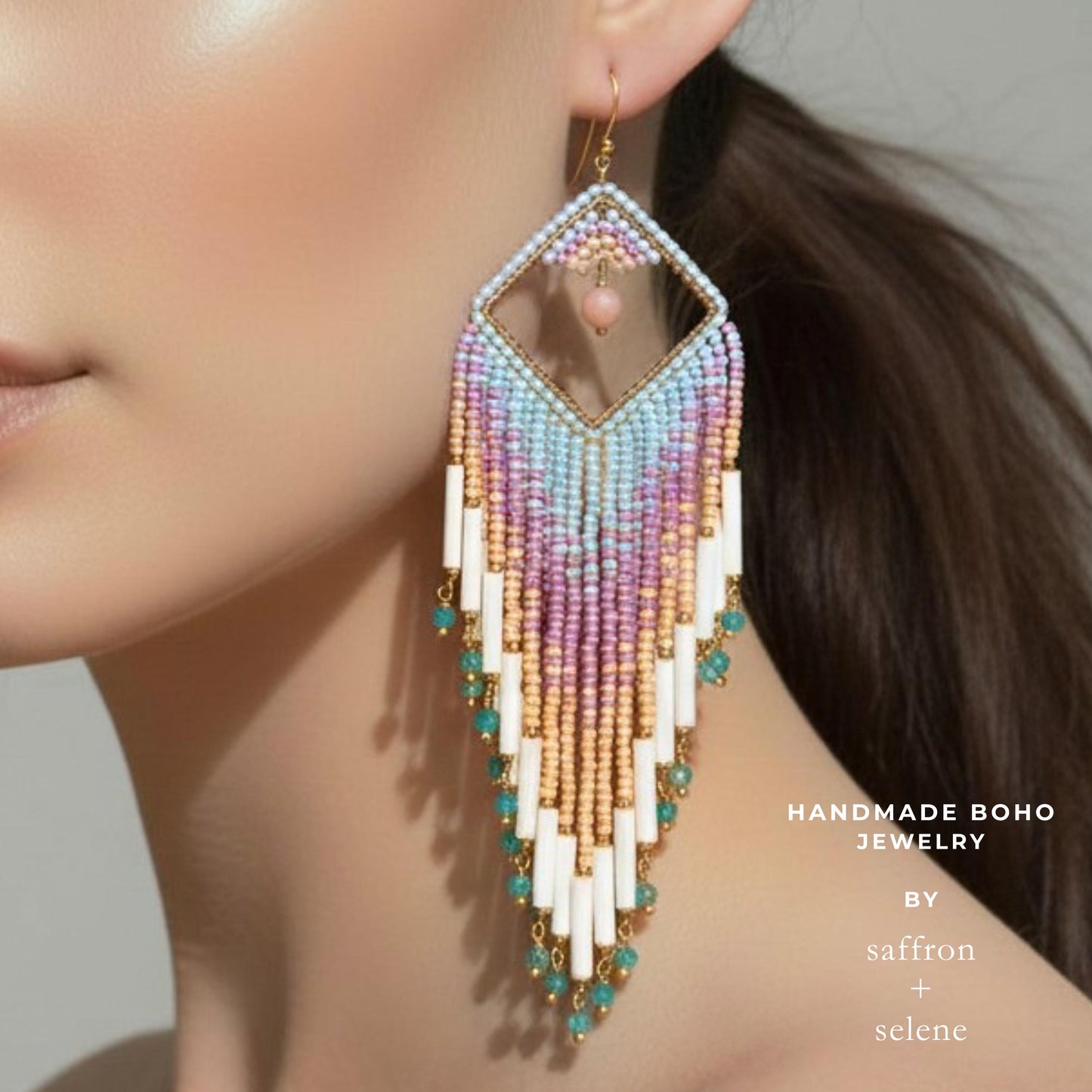 Colourful handmade fringe earrings with gold frame and seed beads