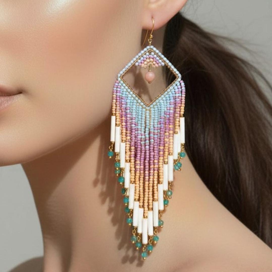 Boho Statement Earrings, Handmade Fringe Earrings, Pastel Festival Jewelry, Long Beaded Dangles