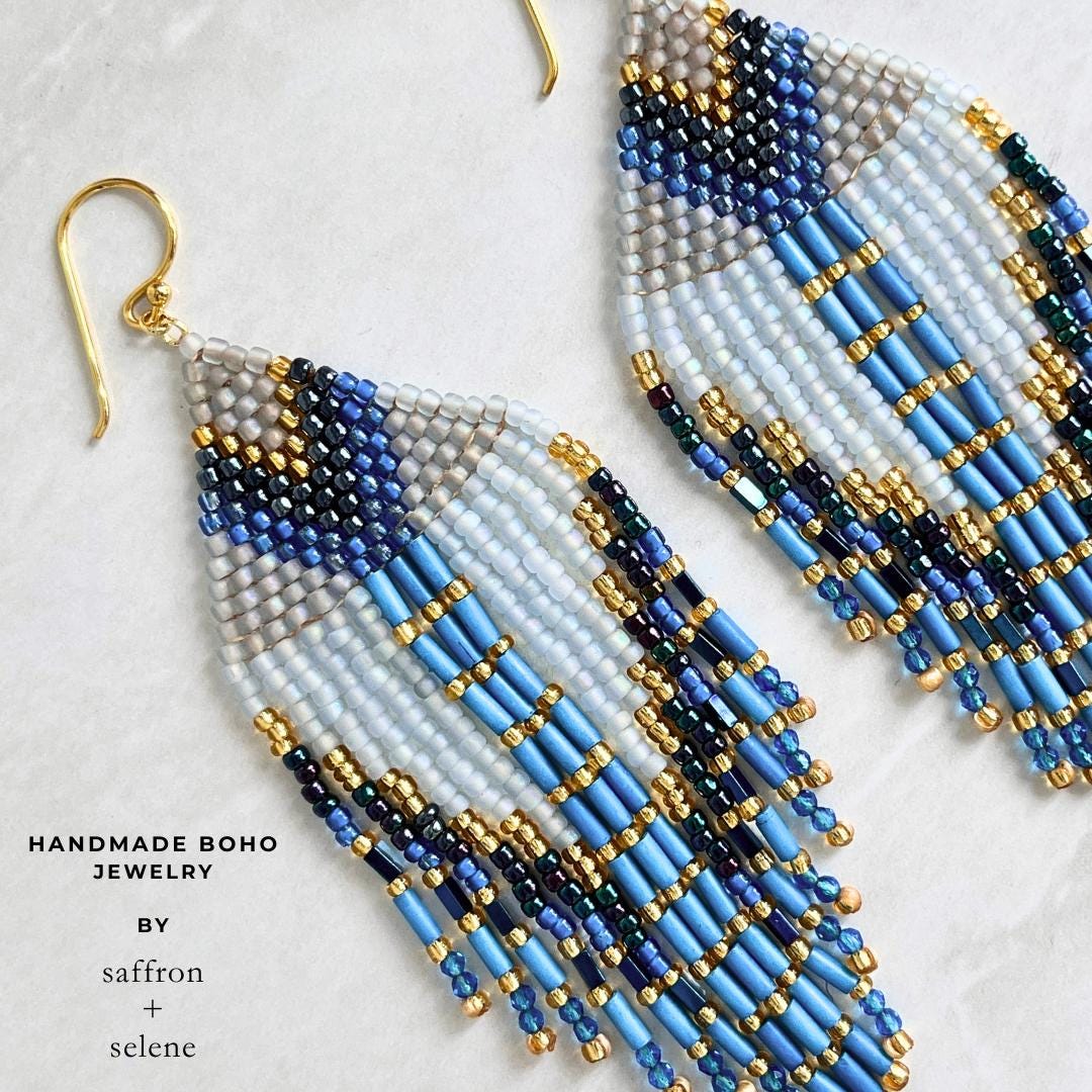 Blue seed bead fringe earrings in royal blue powder blue and navy
