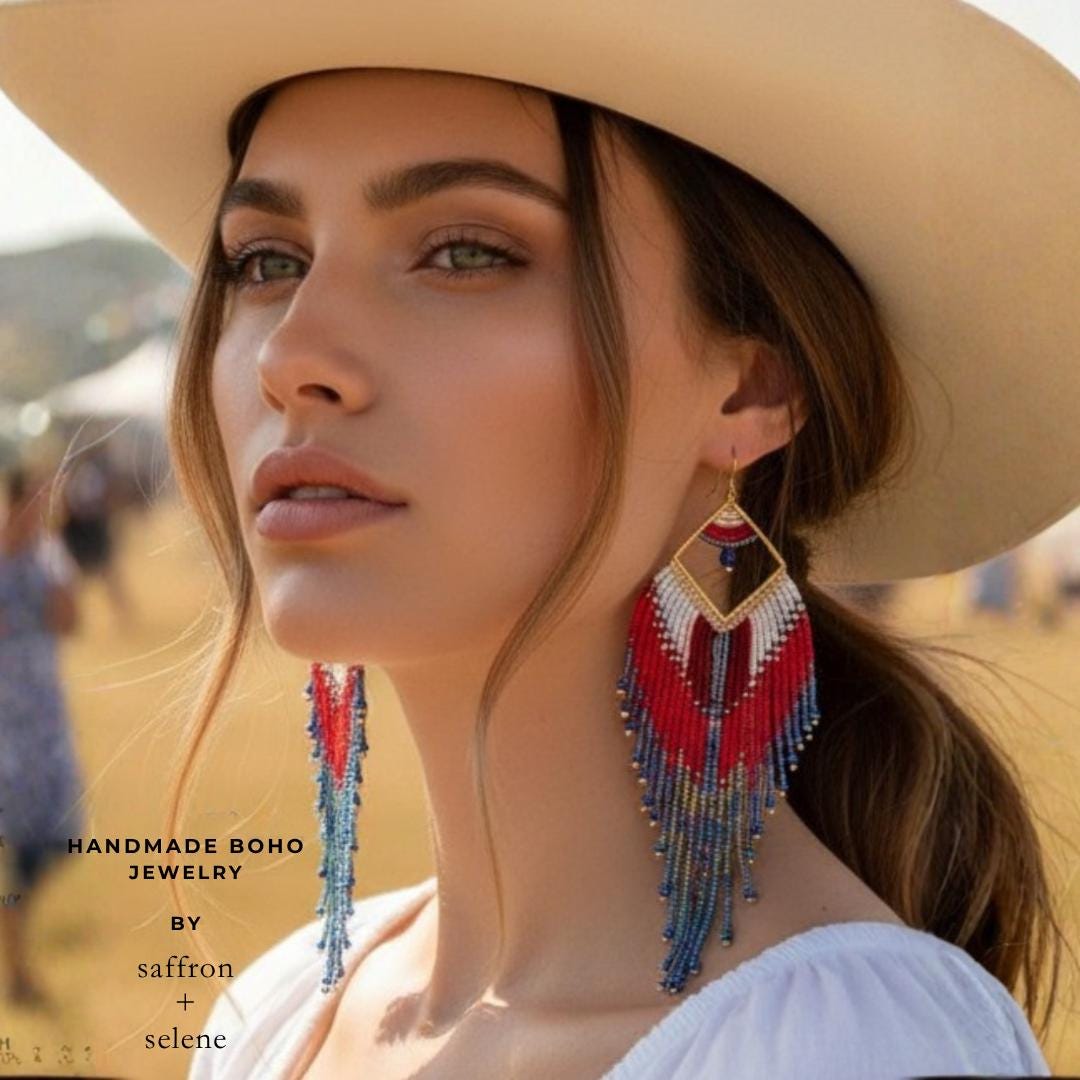 Cowgirl USA red white and blue fringe earrings.  Long statement beaded earrings for western glam, festivals, rodeos