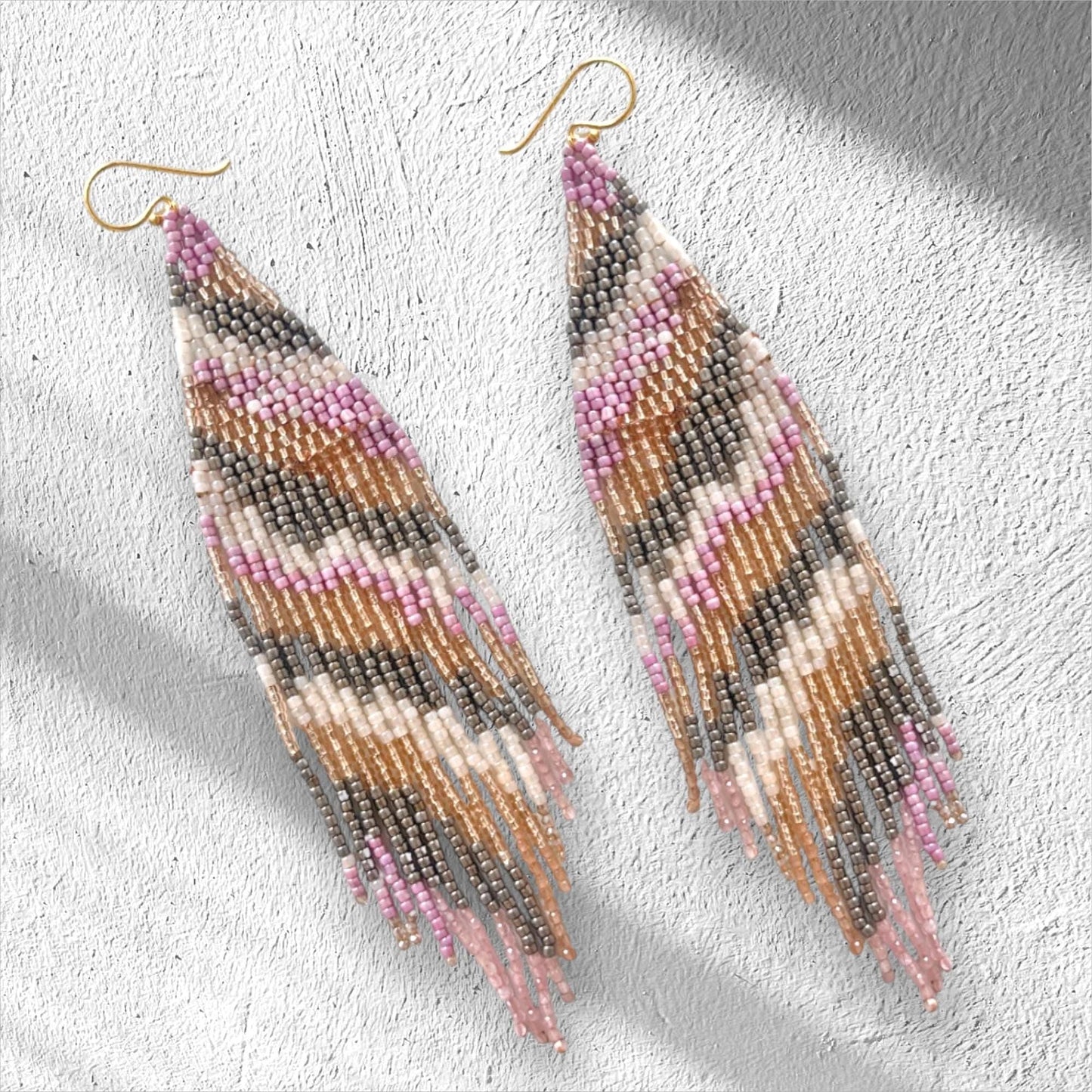 Handmade boho fringe earrings with lilac champagne cream and metallic silver Japanese seed beads.