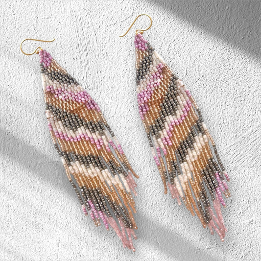 Handmade boho fringe earrings with lilac champagne cream and metallic silver Japanese seed beads.