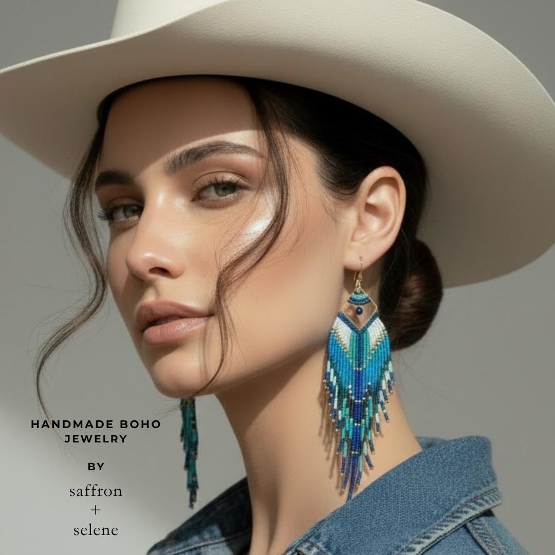 Cowgirl Glam Beaded Earrings for Women fringe statement style in turquoise blue and lapis, perfect for summer festivals and parties.  Hand beaded by Saffron and Selene Boho handmade Jewelry