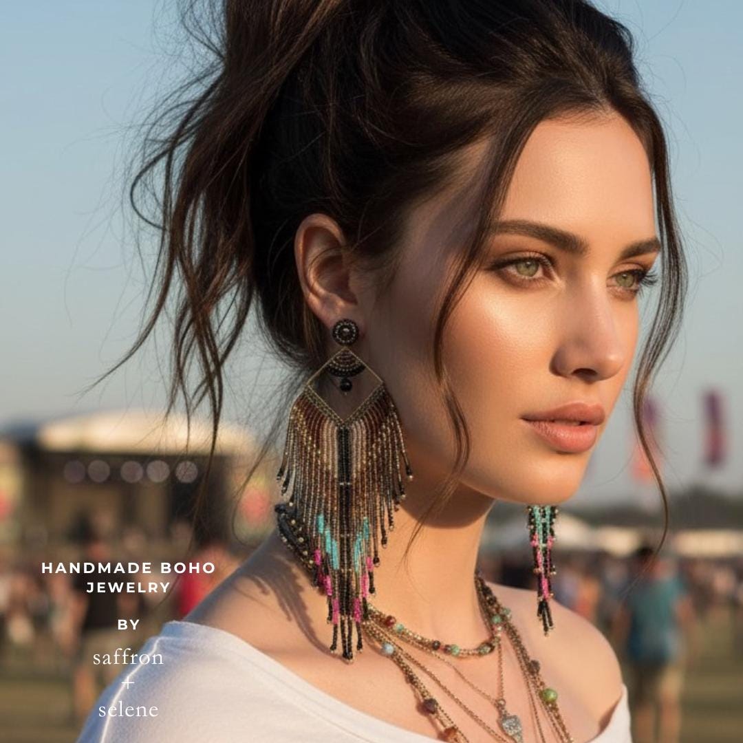 Feather design handmade fringe earrings, perfect for festivals.  Handbeaded in bronze, black and turquoise miyuki beads by Saffron and Selene Boho Jewelry