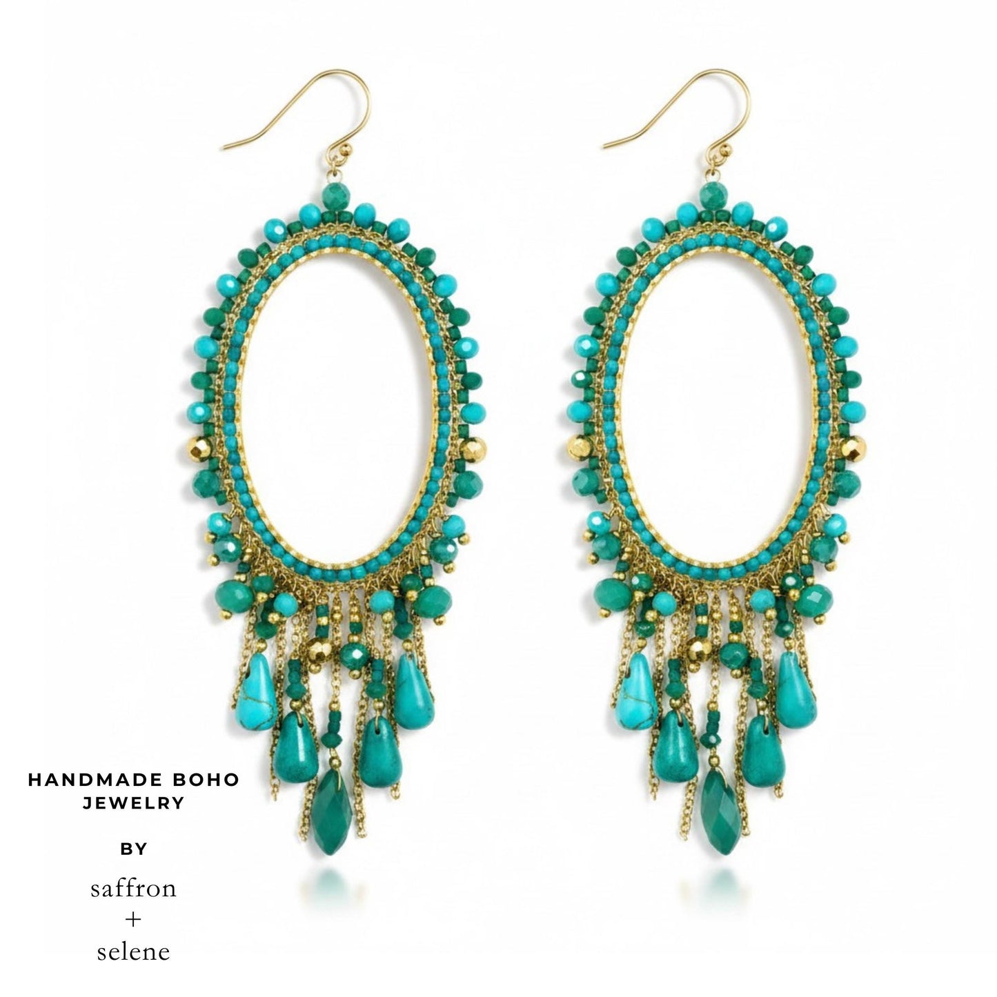 Turquoise and jade chandelier earrings for summer festivals and holidays.