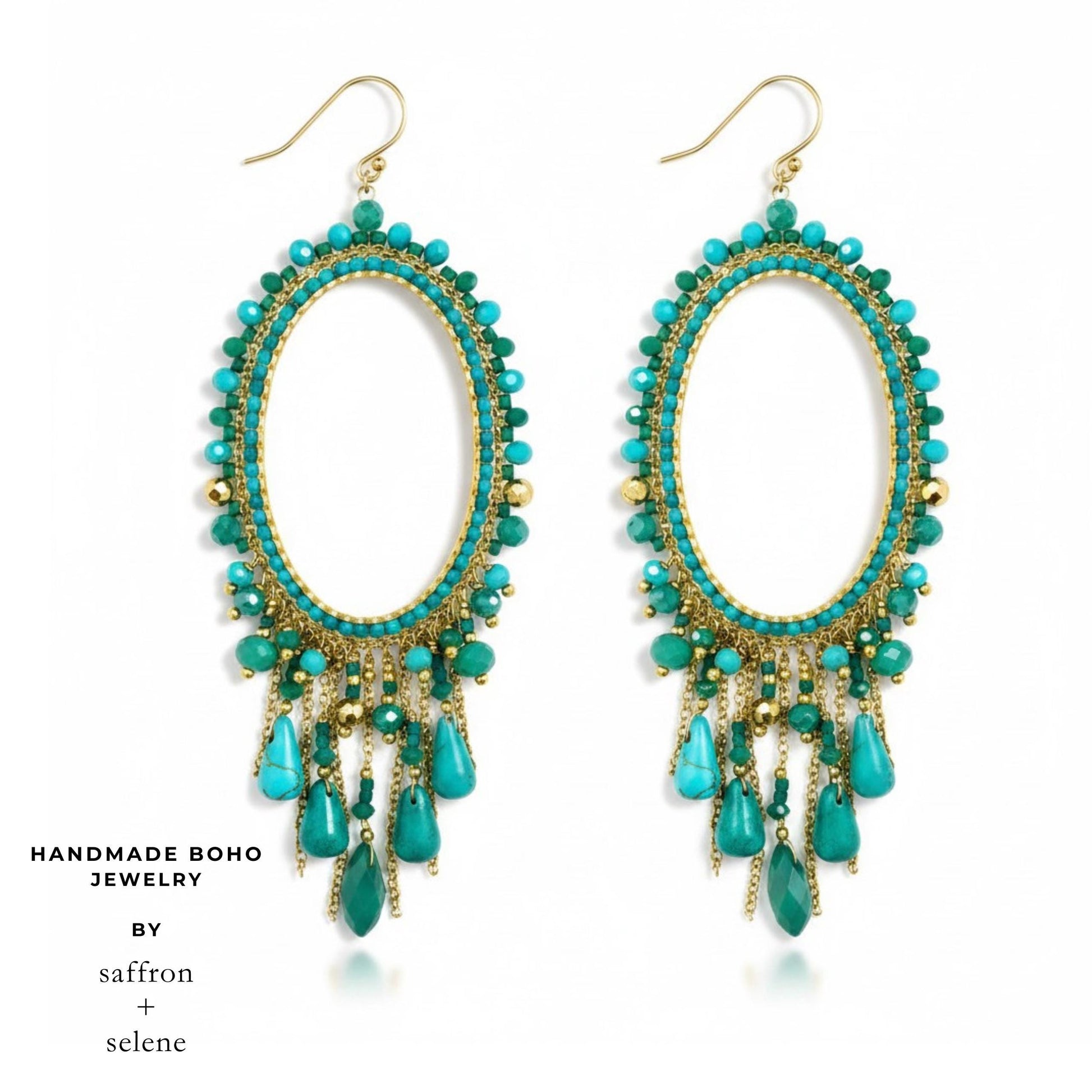 Turquoise and jade chandelier earrings for summer festivals and holidays.