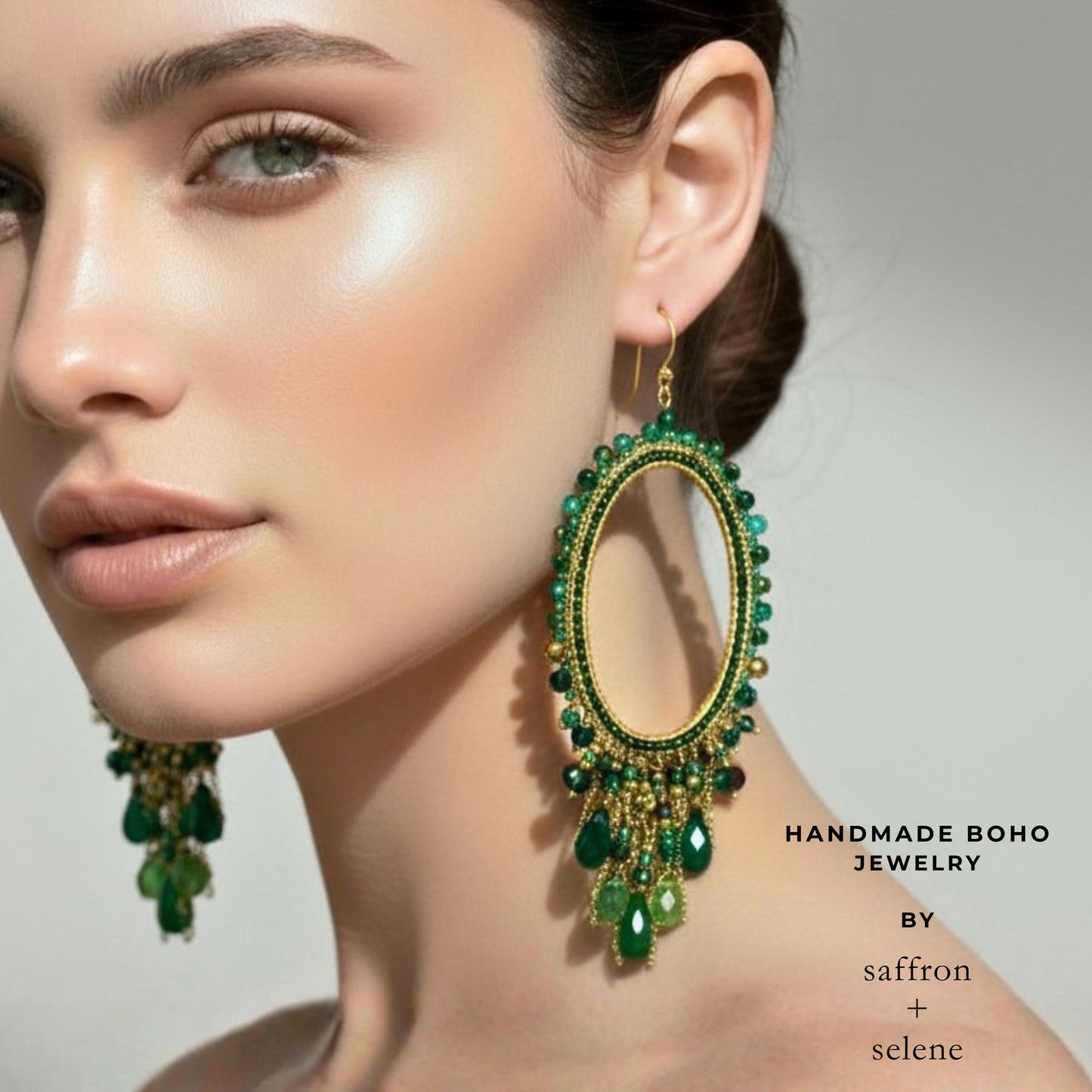 Green handbeaded statement dangles in Emerald crystals, perfect boho style for festivals and eveningwear by Saffron and Selene