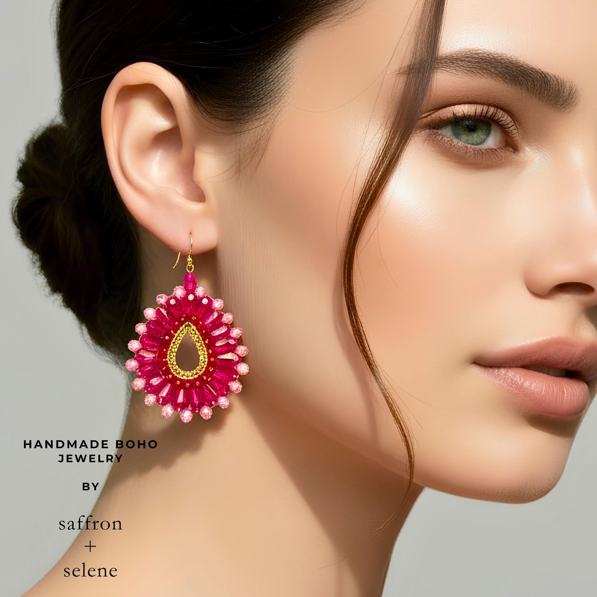 Bright fuchsia beaded teardrop earrings handmade with pink crystal and gold accents.