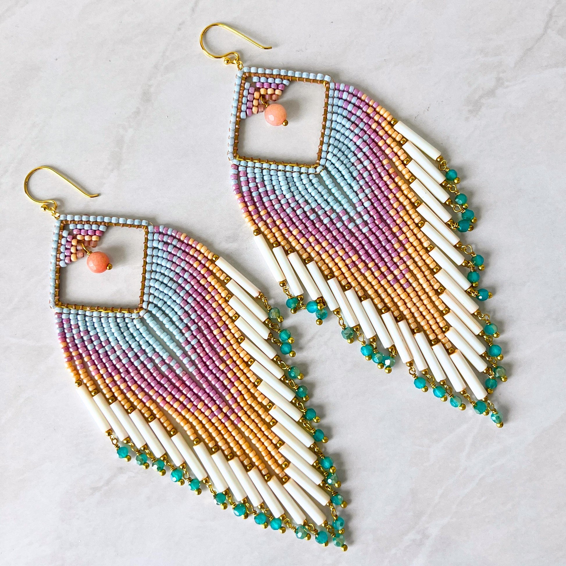 Handmade pastel fringe earrings with pink blue peach seed beads and turquoise crystal fringe