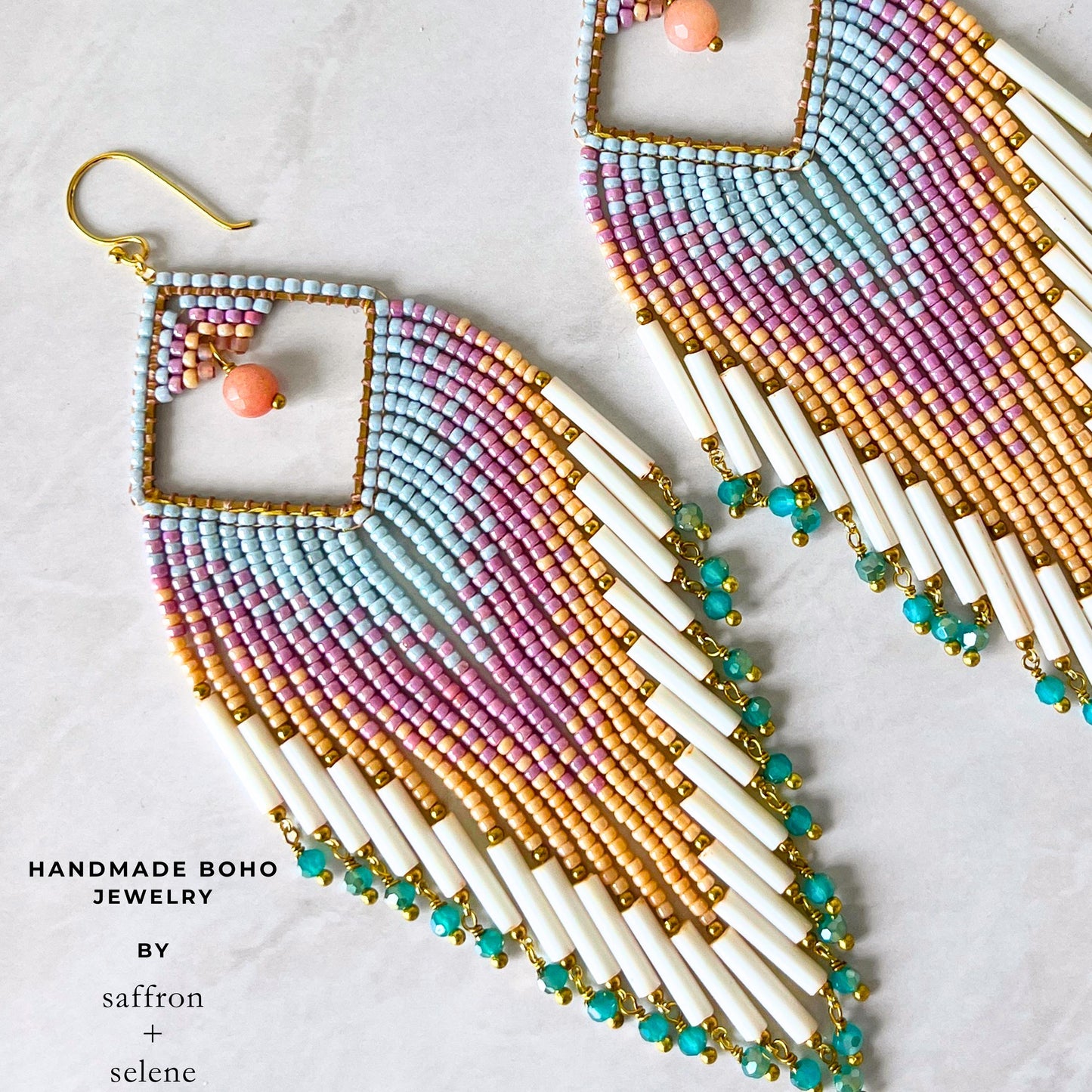 Boho pastel seed bead fringe earrings handmade for festival fashion