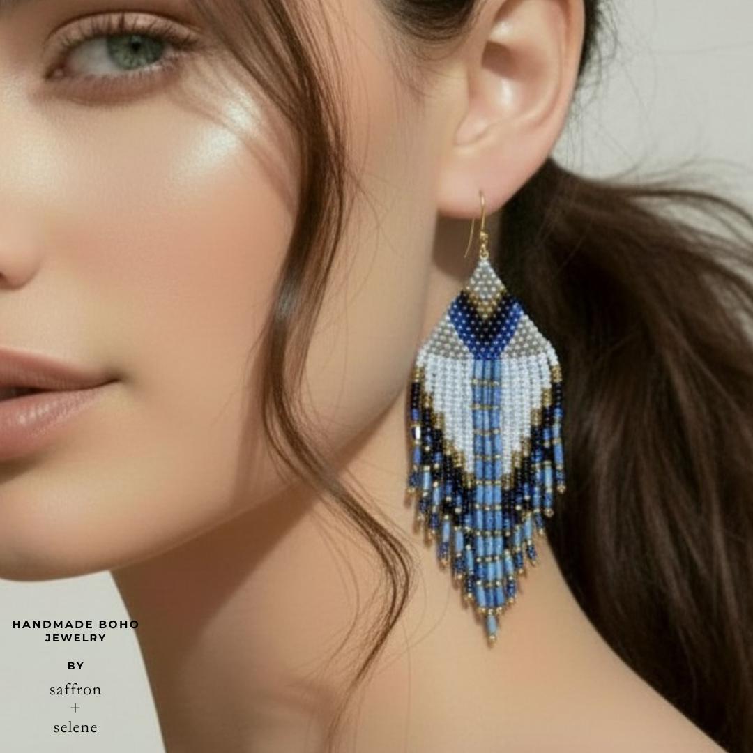 Boho statement earrings handcrafted with blue glass seed beads
