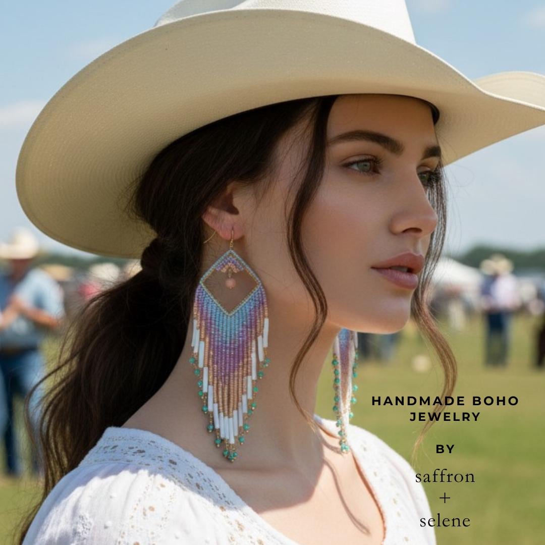Pastel Fringe Boho Cowgirl Glam Earrings.  Long Statement beaded bohemian earrings with a rainbow effect.  Handmade by Saffron and Selene Boho Jewelry