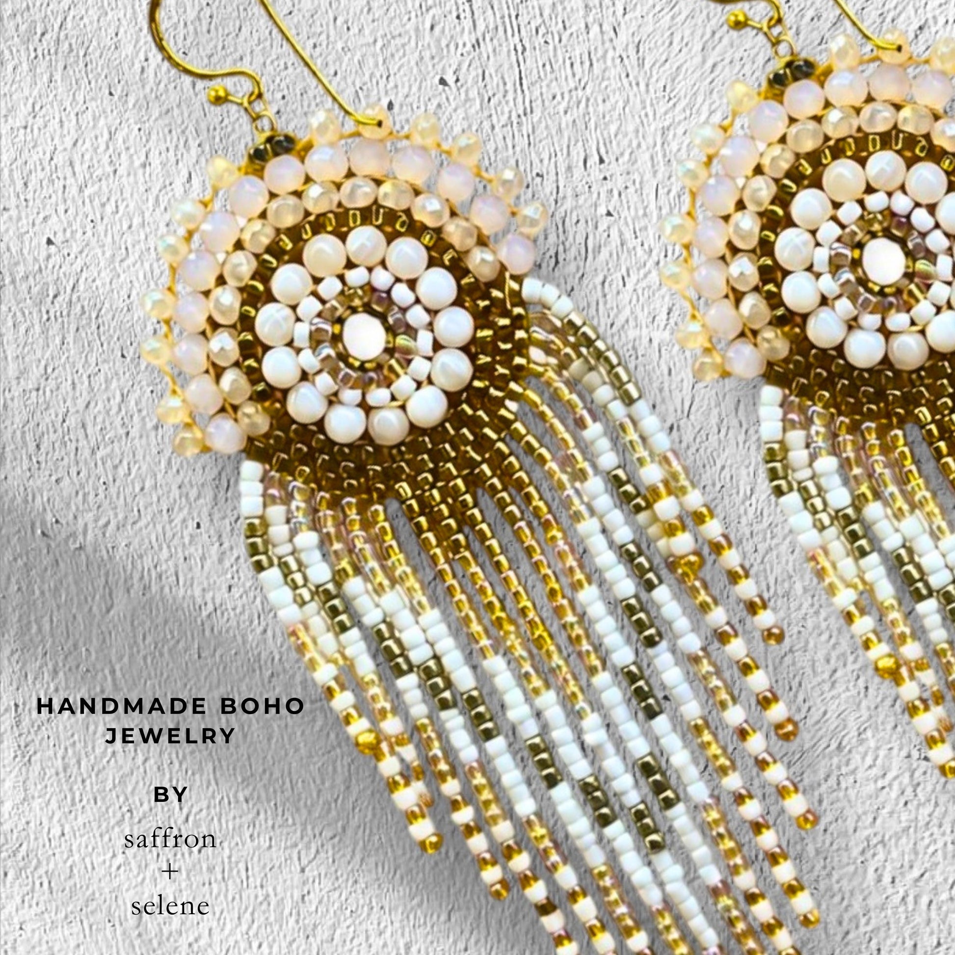 Ivory and Gold Seed Bead Earrings individually handmade by Meg at Saffron and Selene in Aztec feather style design for boho cowgirl glam.