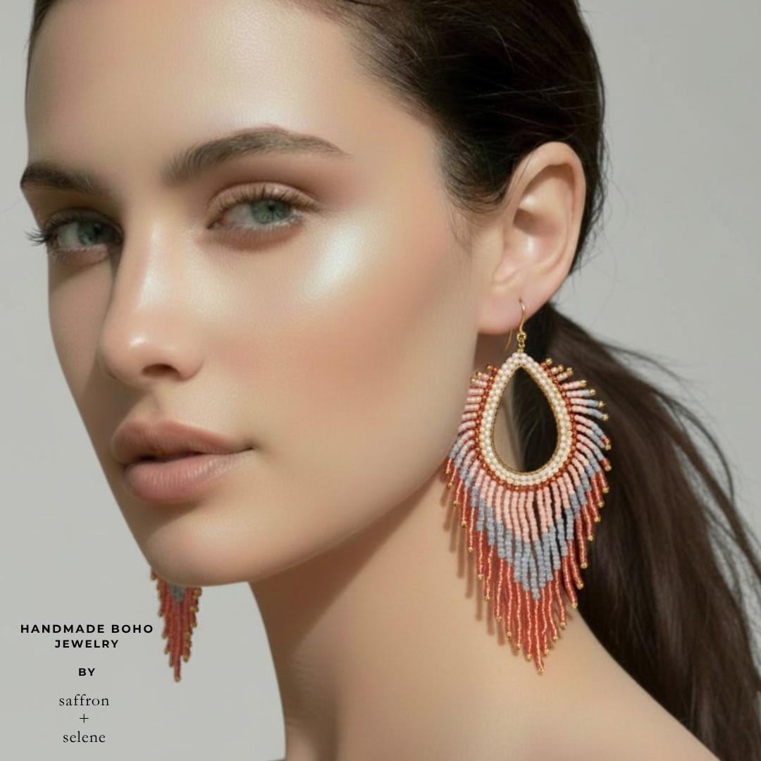 Pastel beaded dangle earrings handcrafted bead by bead by Meg Wylde at Saffron and Selene handmade Boho Jewelry for women