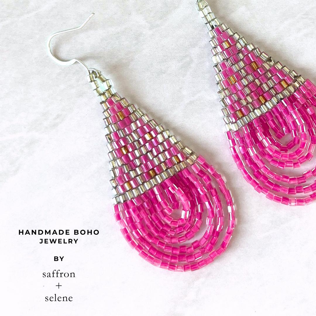 Statement pink teardrop earrings handcrafted from premium glass seed beads.