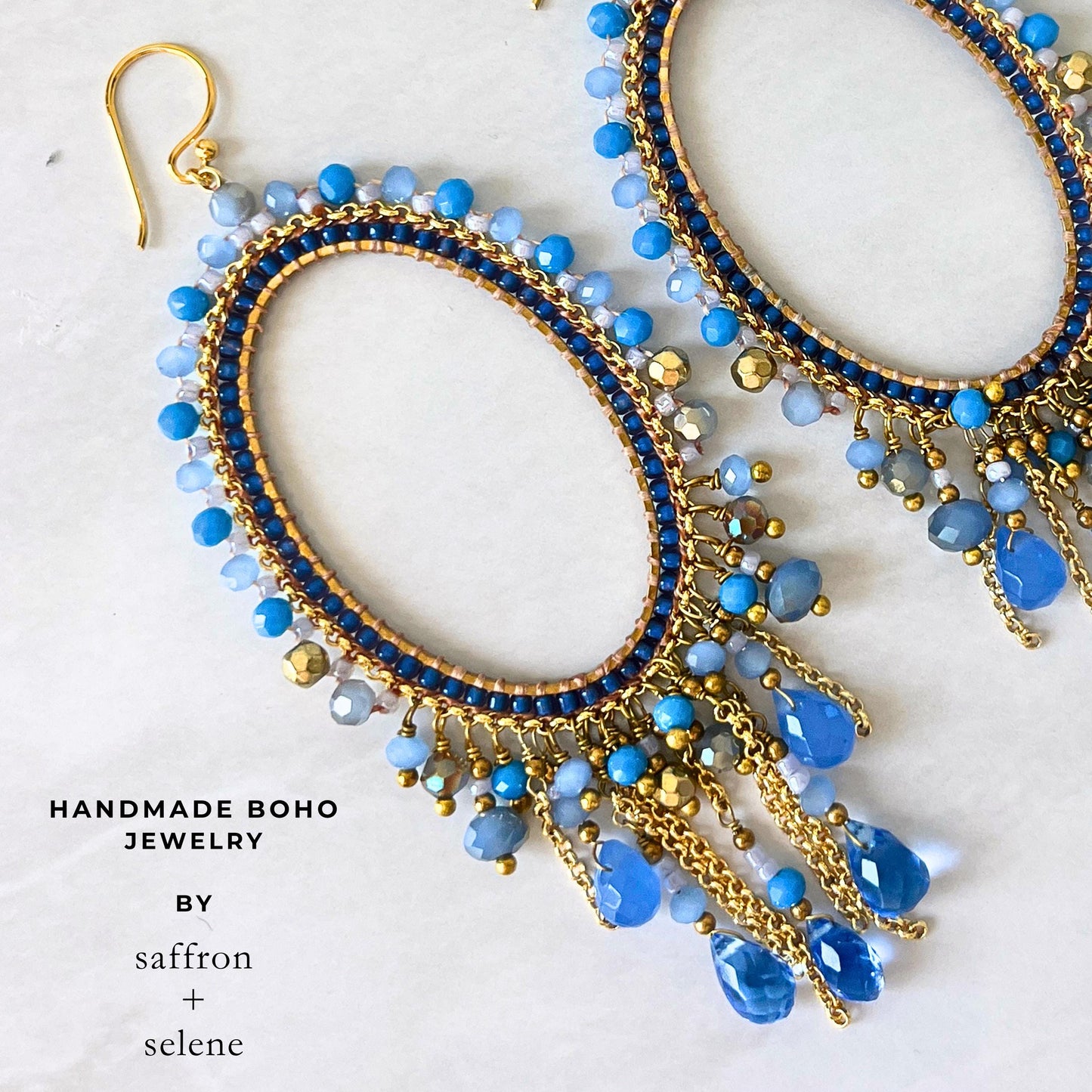 Blue chandelier earrings featuring cobalt, sky blue and cornflower glass beads.