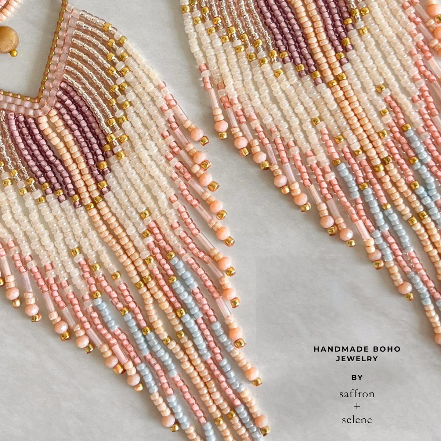 close up of pastel fringe earrings for bohohemian chic style from the home of fringe earrings, Saffron and Selene