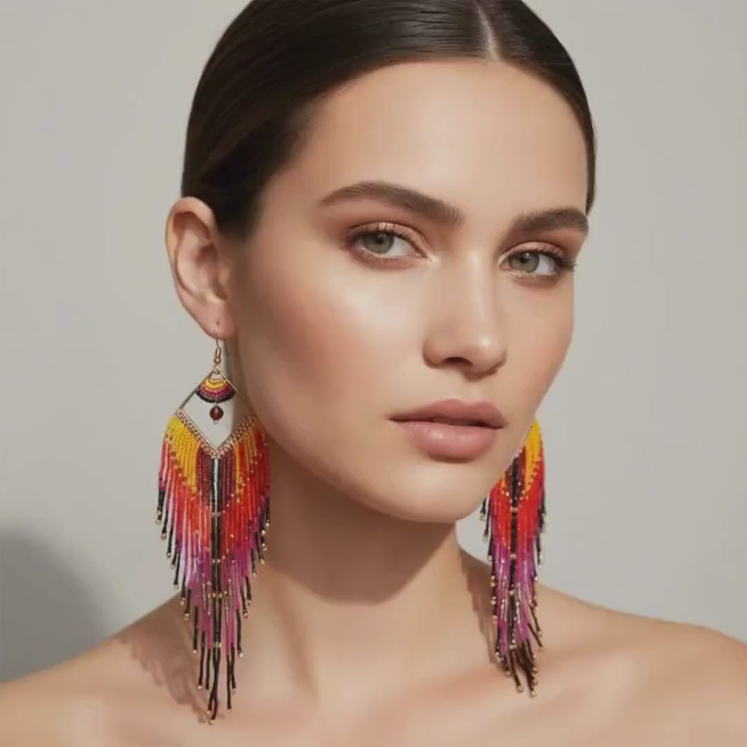 Boho Statement Earrings, Handmade Fringe Earrings, Colorful Seed Bead Dangles, Festival Jewelry