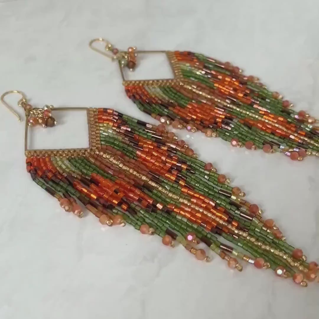 Fringe Earrings, Burnt Orange Statement Dangles, Boho Jewelry, Long Beaded Festival Style