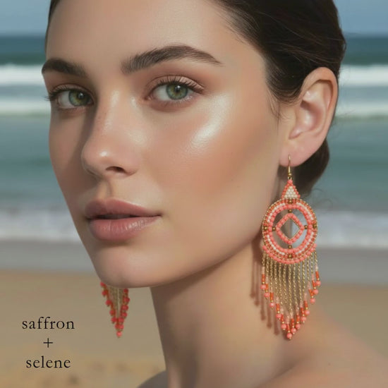 Handcrafted Coral Peach Beaded Fringe Earrings: Boho Summer Festival Style