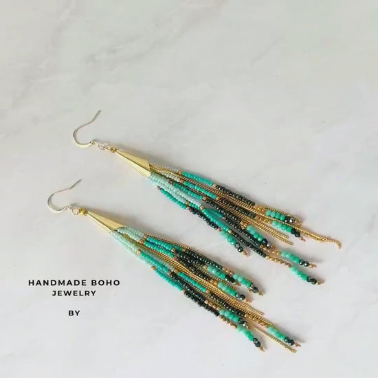 Fringe Earrings, Turquoise Beaded Statement Dangles, Boho Jewelry, Long Handmade Festival Style