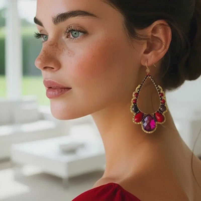 Red Crystal Teardrop Earrings – Statement Drop Gold Dangles – Elegant Handmade Jewelry