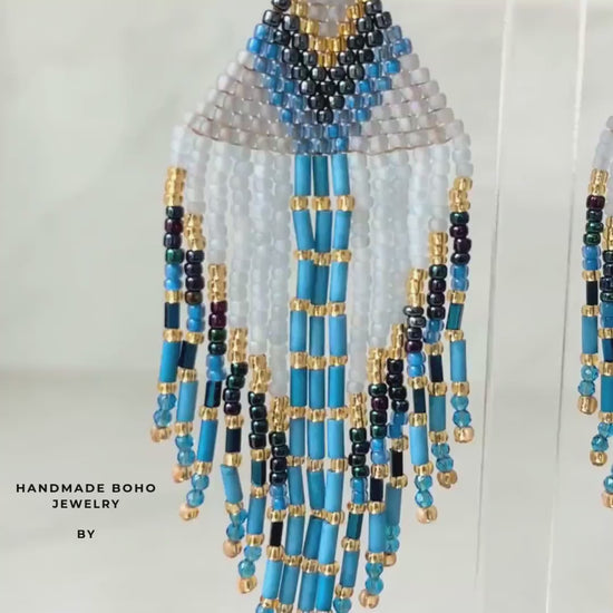 Blue Fringe Earrings, Boho Statement Earrings, Handmade Seed Bead Dangle Jewelry