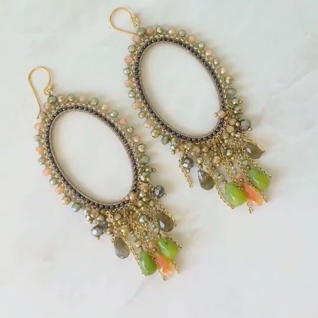 Olive Green Statement Earrings, Handmade Chandelier Dangles, Beaded Drop Jewelry