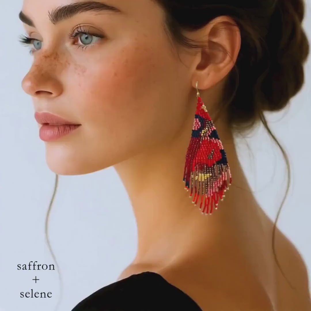 Fringe Earrings Boho – Red Seed Bead Statement Drop Earrings