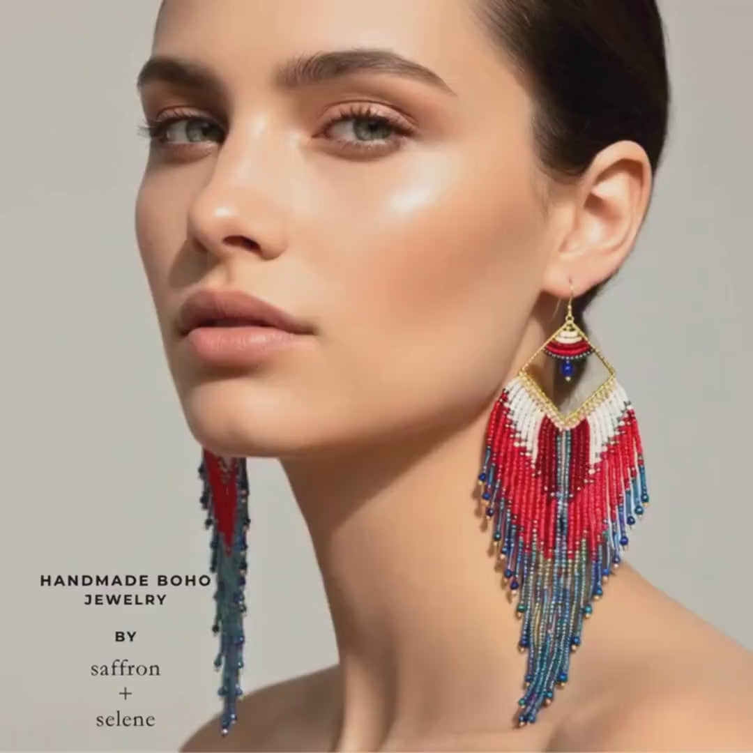 Fringe Earrings – Red White Blue Seed Bead Dangles, USA Jewelry