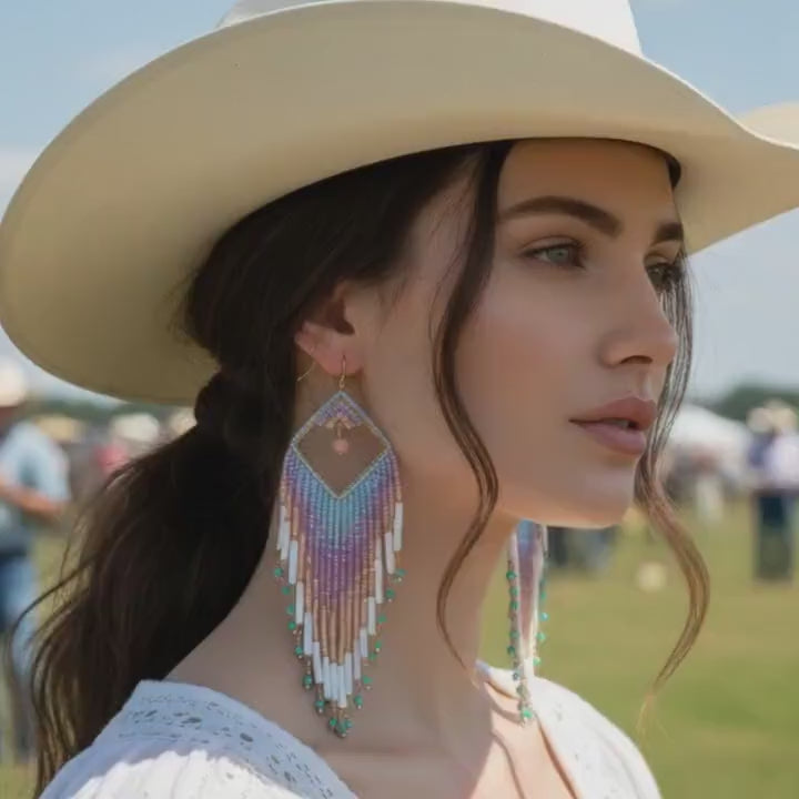 Boho Statement Earrings, Handmade Fringe Earrings, Pastel Festival Jewelry, Long Beaded Dangles