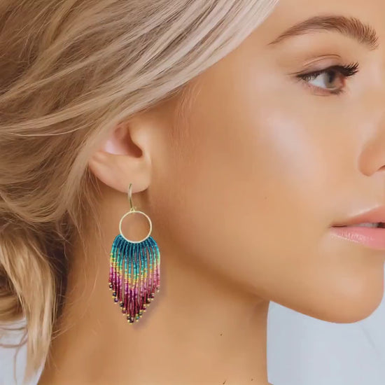 Beaded Fringe Statement Earrings: Rainbow Ombre Boho Jewelry Gifts