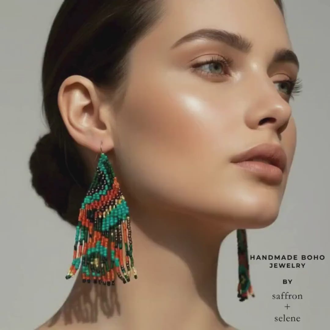 Boho Beaded Fringe Earrings, Earth Tone Statement Jewelry