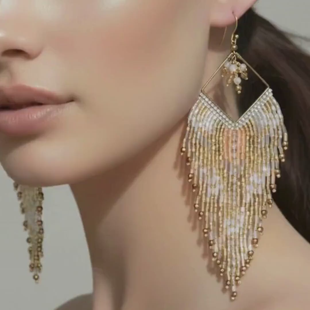 Fringe Earrings, Champagne Gold Beaded Statement Jewelry