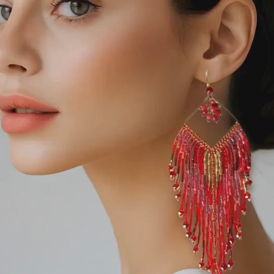 Boho Beaded Fringe Earrings, Long Seed Bead Drop