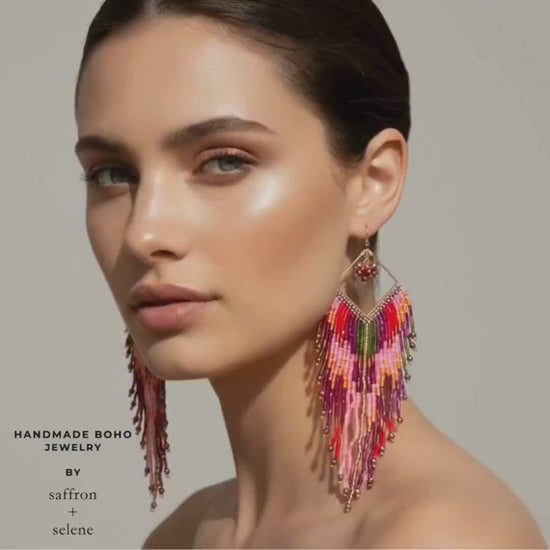 Pink Fringe Earrings, Boho Statement Jewelry