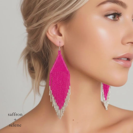 Fushia Pink Fringe Beaded Statement Earrings – Boho Seed Bead Drop Festival Jewelry
